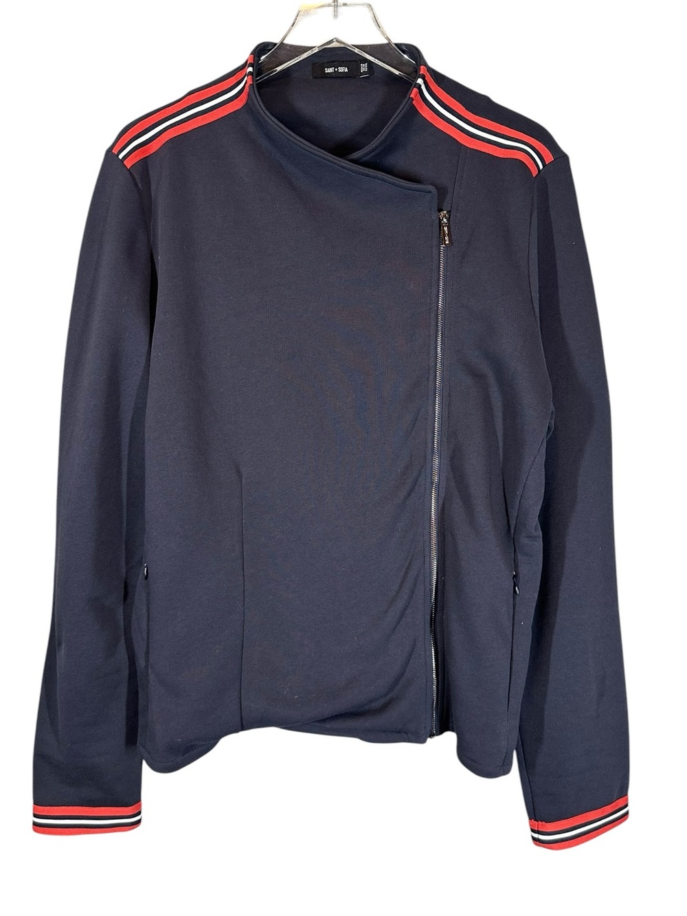 SAINT & SOFIA Women's 14 Navy Asymmetrical Zip Fleece Sweatshirt Mock Neck - Picture 2 of 11